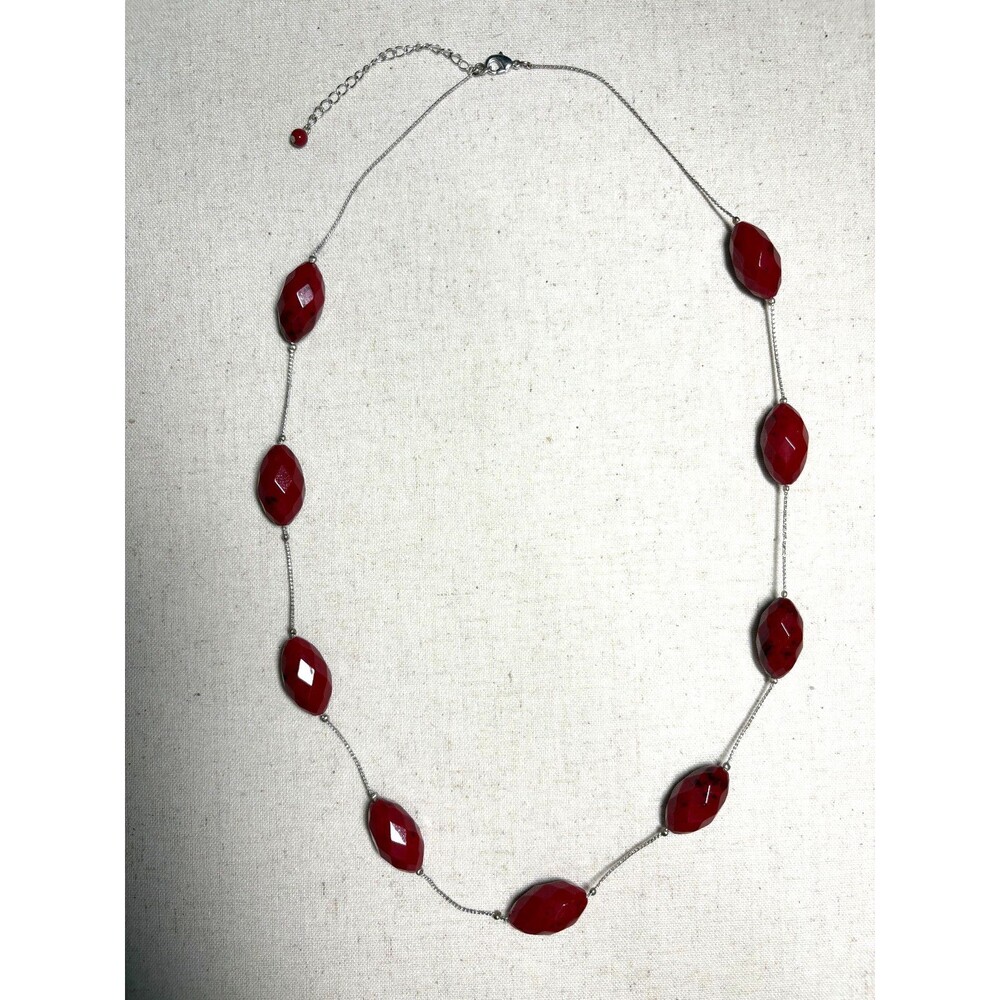 vintage Necklace Silver Tone Red marbled Lucite Beaded Necklace estate chic 32"